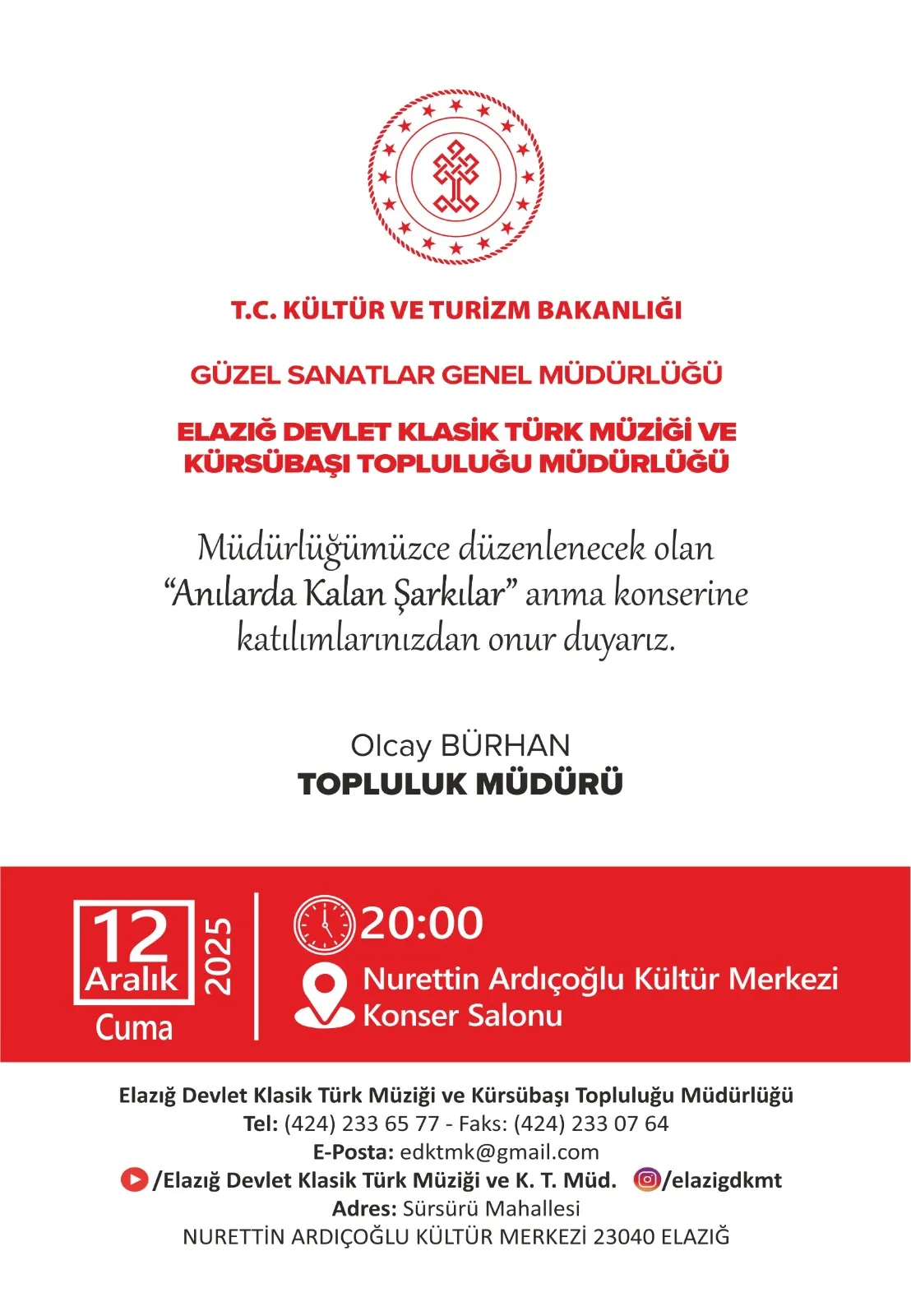 Manşet: ANILARDA KALAN ŞARKILAR KONSERİ 12 ARALIK'TA DÜZENLENECEK