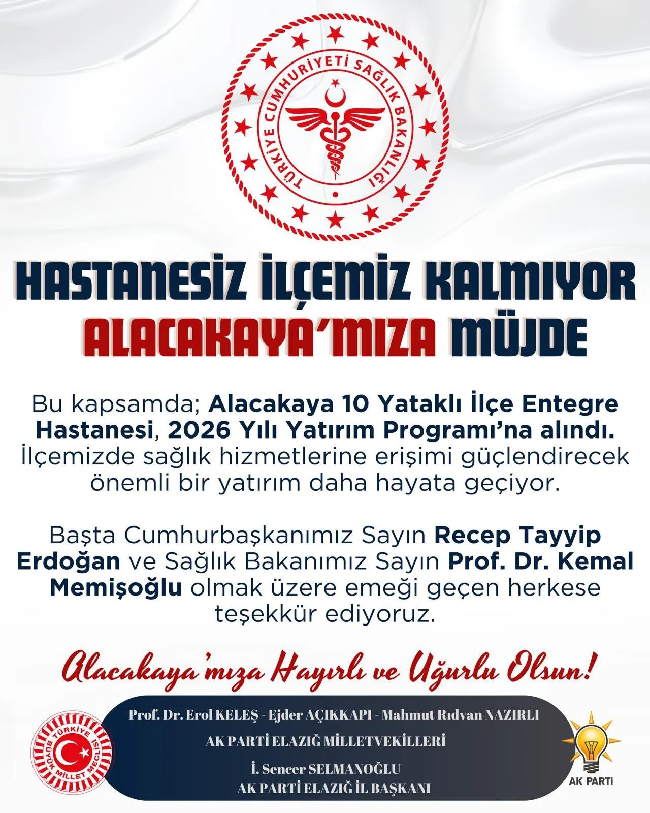 ALACAKAYA’YA YENİ HASTANE MÜJDESİ VERİLDİ