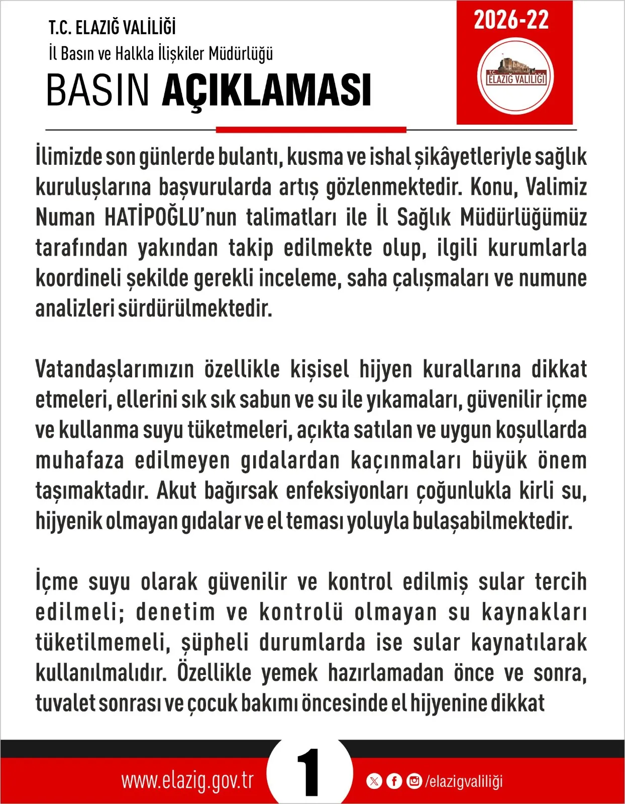ELAZIĞ VALİLİĞİ’NDEN SAĞLIK UYARISI: BULANTI, KUSMA VE İSHAL VAKALARINDA ARTIŞ