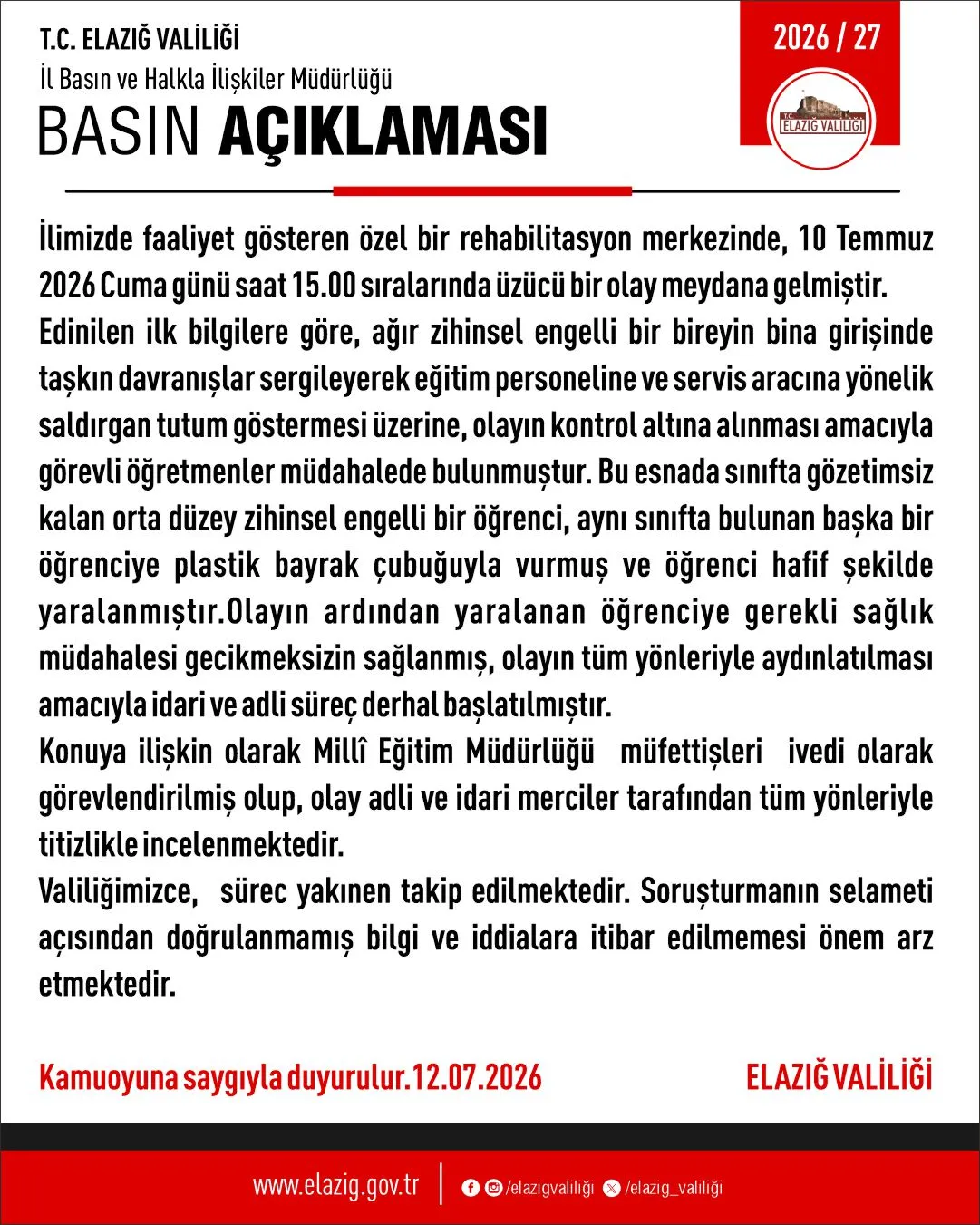 Manşet: ELAZIĞ’DA ÖZEL REHABİLİTASYON MERKEZİNDE ÜZÜCÜ OLAY: İDARİ VE ADLİ SÜREÇ BAŞLATILDI