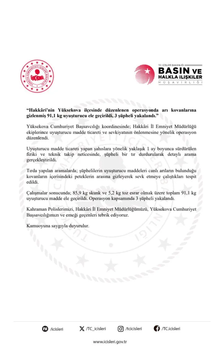 Manşet: ARI KOVANLARINA GİZLENMİŞ 91,1 KİLO UYUŞTURUCU ELE GEÇİRİLDİ
